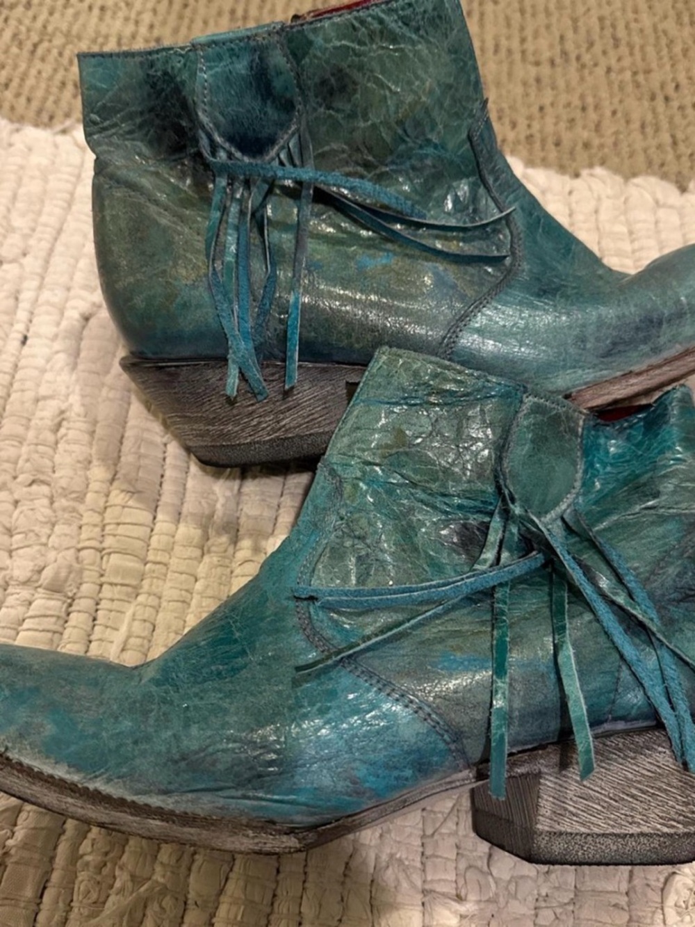 Ferrini teal leather cowgirl booties. Fringe highlight details.